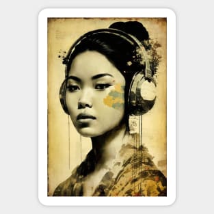 Music Lover-Listening to Music with Earphones-Asian Woman Sticker